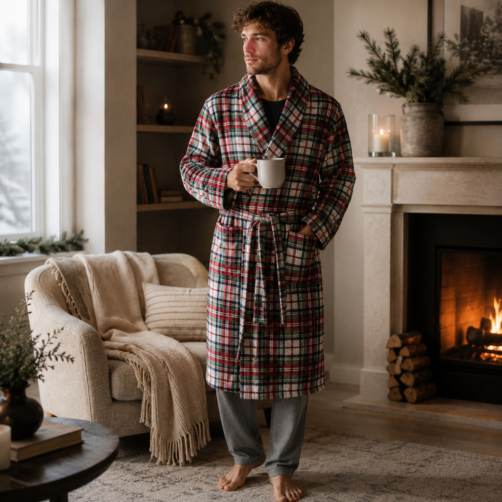 Pottery Barn Men's Large Plaid Fleece Robe Holiday Christmas Colors Upscale Cozy